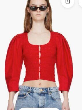 Ganni Red Puff Sleeve Smocked Top – Button Front Cropped Blouse